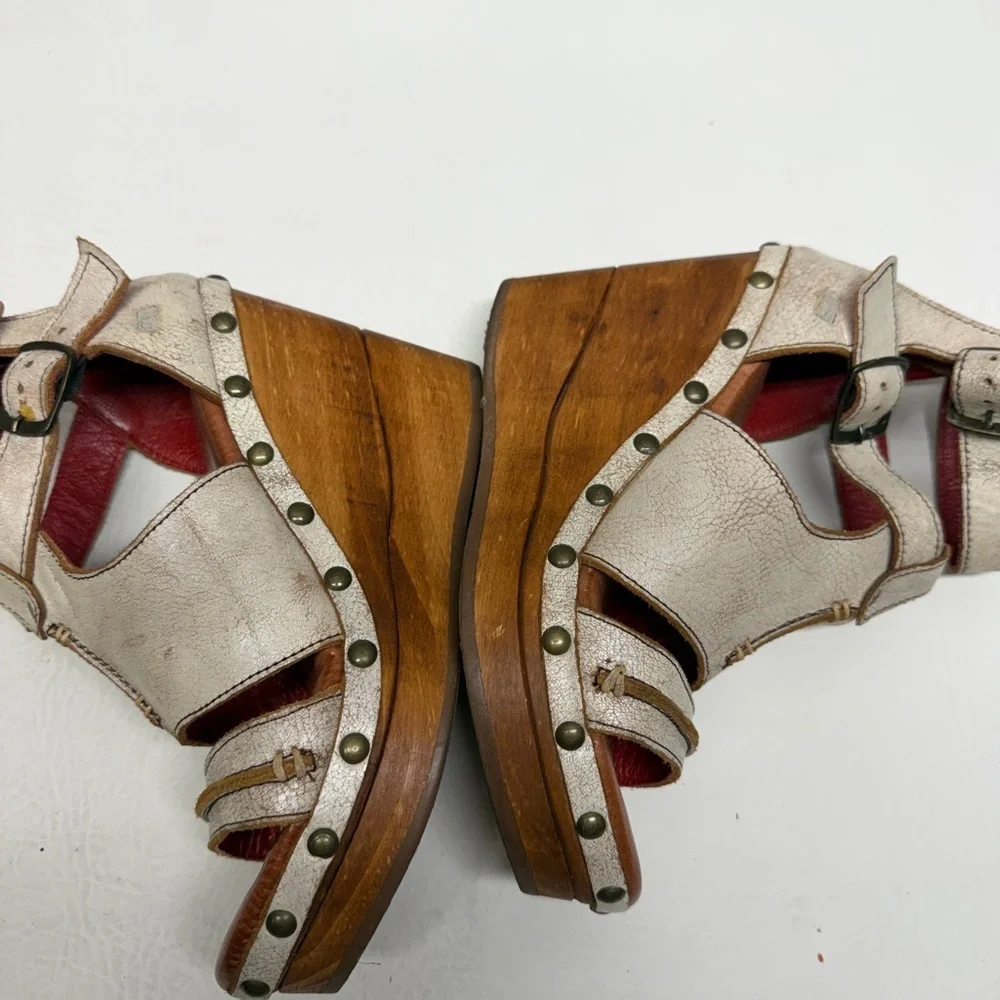 Bed Stu Cream Leather Studded Wedge/platform Sandals size 6